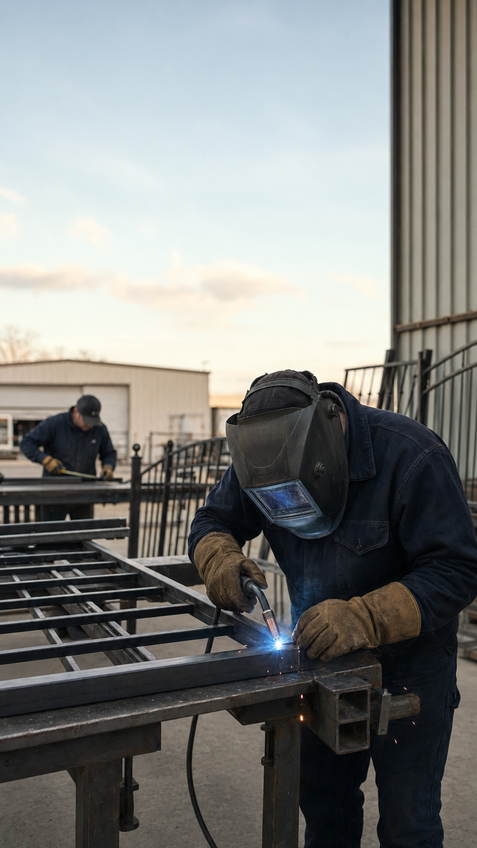 Welder joining a steel gate frame in a fabrication shop